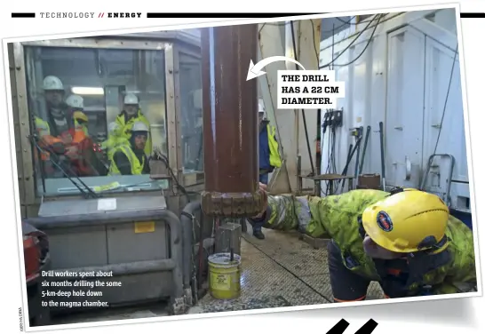  ??  ?? Drill workers spent about six months drilling the some 5-km-deep hole down to the magma chamber. THE DRILL HAS A 22 CM DIAMETER.