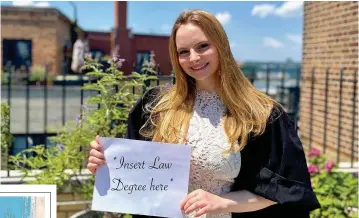  ?? Photo: Maria Bell/SWNS ?? Jasmine Gratton with her makeshift degree certificat­e after passing the American legal bar exam