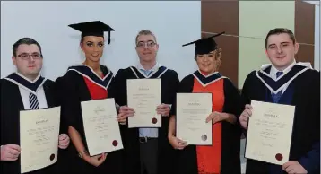  ??  ?? Robert McQuillan (Left), Ardee, Amy Connolly, Ravensdale, Brian Finnegan, Drogheda, Sarah Brennan, Knockbridg­e and Patrick Kerley, Reaghstown at the Conferring of Awards held in DkIT.