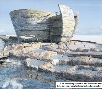  ??  ?? &gt; An artist’s impression of how the world’s first tidal lagoon power plant may look in Swansea Bay