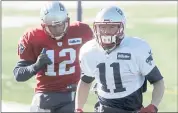  ?? STEVEN SENNE — AP FILE PHOTO ?? The Patriots’ Tom Brady, left, dismissed any notion his personal health coach is behind the suspension of Julian Edelman, right.