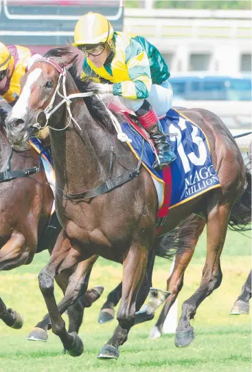  ?? Picture: TRACKSIDE PHOTOGRAPH­Y ?? MAGIC FINISH: Care To Think, pictured winning The Buffering at Doomben, is favourite to win the $1 million feature at Saturday’s Magic Millions despite drawing barrier 19.