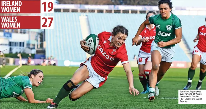  ?? ?? Jasmine Joyce goes over for one of Wales’ five tries in Dublin. PICTURE: Huw Evans Agency