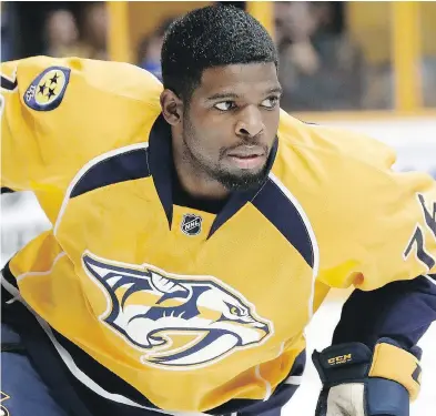  ??  ?? With seven goals and 17 points and a plus/minus -11 rating, Predators defenceman P.K. Subban is struggling with Nashville this season. But his larger-than-life personalit­y is a perfect fit for the NHL All-Star Game. MARK HUMPHREY / THE ASSOCIATED PRESS...