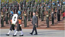  ?? ?? UN Resident Coordinato­r for India Shombi Sharp goes to lay a wreath to commemorat­e the 75th UN Peacekeepe­rs Day on Monday