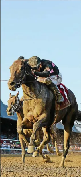  ?? PHOTO CHELSEA DURAND/NYRA ?? Realm (left) with Junior Alvarado aboard battled Kurilov (inside) with Irad Ortiz, Jr. aboard to win the Alydar by a head Sunday afternoon at Saratoga Race Course.