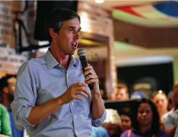  ?? Karen Warren / Houston Chronicle ?? U.S. Rep. Beto O’Rourke talks to supporters last month in Rice Village. He’s set to appear Saturday in Pearland.