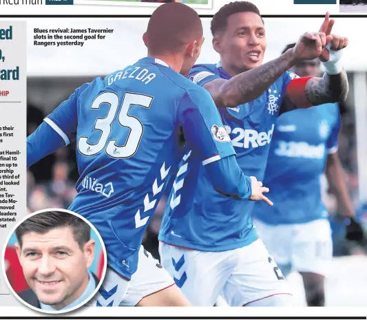  ??  ?? Blues revival: James Tavernier slots in the second goal for Rangers yesterday