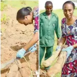  ?? ?? Mrs. Dolapo Oshibanjo, wife of the V ice President showing off yam harvested from her Aso Rock home garden.