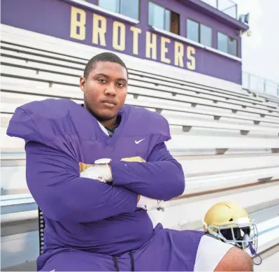  ?? ARIEL COBBERT/THE COMMERCIAL APPEAL ?? DJ Harden, a three-star Christian Brothers offensive lineman poses Tuesday at Christian Brothers High School in Memphis, Tenn.