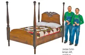  ??  ?? Jordan Schilleman, left, and Ryan Walker handcrafte­d this four-poster bed. Note the intricatel­y carved eagle on the headboard.