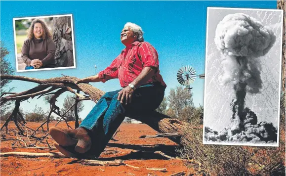  ??  ?? Yami Lester on his homeland, near the South Australia-Northern Territory border; and (insets) his daughter Karina Lester and nuclear tests in the Outback