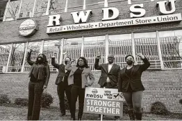  ?? Megan Varner / Getty Images ?? From left, congressio­nal members Cori Bush, Andy Levin, Terri Sewell, Jamal Bowman and Nikema Williams support the union push among Amazon employees.