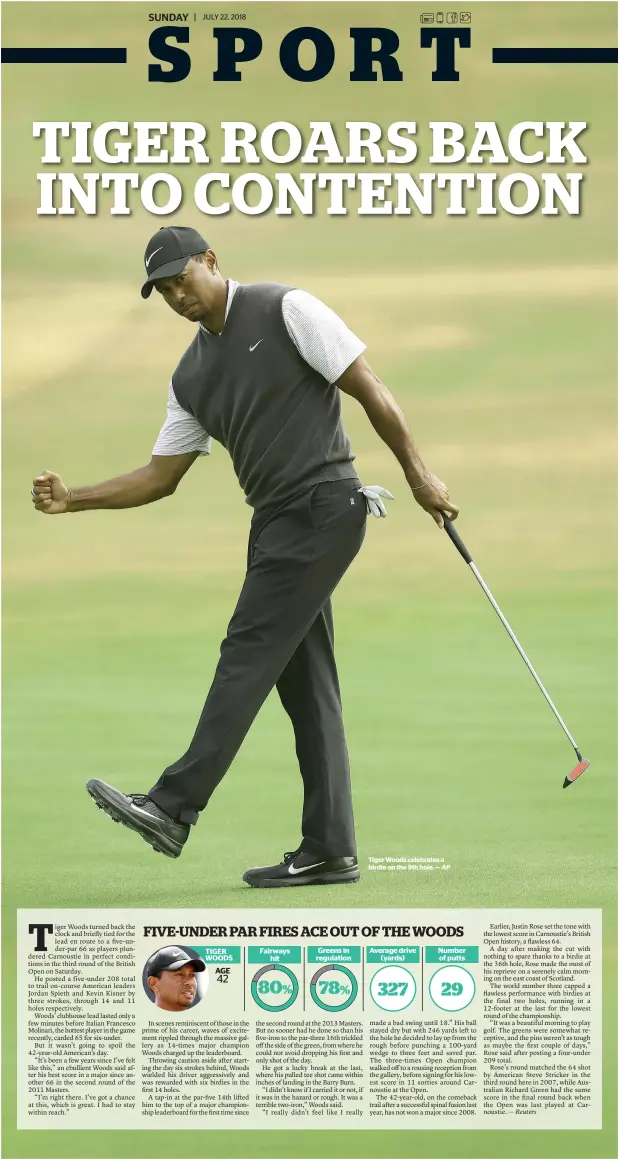  ?? AP ?? Tiger Woods celebrates a birdie on the 9th hole. —