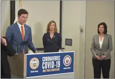  ?? PETE BANNAN - MEDIANEWS GROUP ?? Chester County Commission­ers Josh Maxwell, Michelle Kichline and Marian Moskowitz speak at a recent press conference.