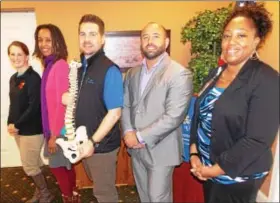  ?? LISA MITCHELL — DIGITAL FIRST MEDIA ?? Wellness was the topic for the Feb. 15 Working Lunch. Exercise, holistic therapies, and health and wellness initiative­s were presented by chamber member panelists Megan Dougherty, Tri-Valley YMCA Fleetwood; Tamu Ngina, MEND Soul Holistic Arts,...