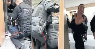  ??  ?? Cellphone video taken by bystanders shows officers in an apartment building lobby while a man can be heard shouting from inside the elevator. Toronto police did not comment on the incident.