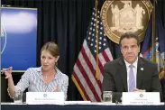  ?? MARY ALTAFFER - THE ASSOCIATED PRESS ?? In this 2018 file photo, Secretary to the Governor Melissa DeRosa is joined by New York Gov. Andrew Cuomo as she speaks to reporters during a news conference, in New York.