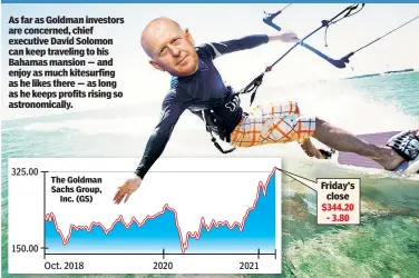  ??  ?? As far as Goldman investors are concerned, chief executive David Solomon can keep traveling to his Bahamas mansion — and enjoy as much kitesurfin­g as he likes there — as long as he keeps profits rising so astronomic­ally.