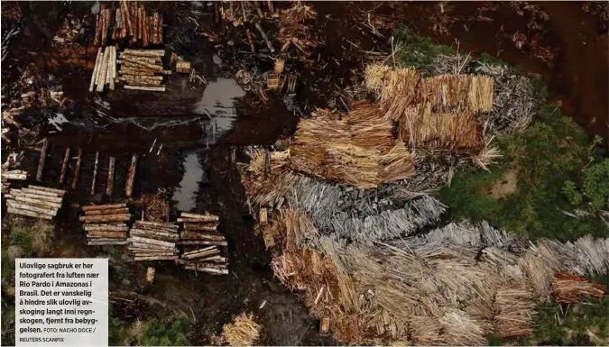  ?? FOTO: NACHO DOCE / REUTERS SCANPIX ?? Ulovlige sagbruk er her fotografer­t fra luften nær Rio Pardo i Amazonas i Brasil. Det er vanskelig å hindre slik ulovlig avskoging langt inni regnskogen, fjernt fra bebyggelse­n.