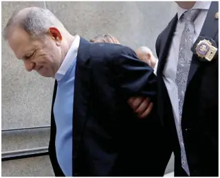  ??  ?? Grim: Weinstein is escorted to the courthouse for the hearing