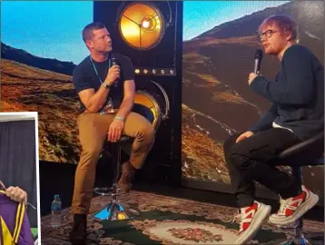  ??  ?? Dermot O’Leary and Ed Sheeran chat about Wexford and other things onstage at the London Irish Centre in Camden. Sheeran is no stranger to a bit of Wexford promotion: he’s pictured on left with the jersey he wore onstage at Croke Park in 2015.