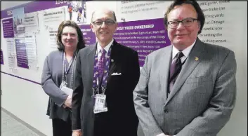 ??  ?? The Minnesota Sports Facilities Authority guides operations of U.S. Bank Stadium in Minneapoli­s. From left at the media center at the stadium are Jennifer Hathaway, director of communicat­ions; Michael Vekich, chairman of the authority board; and...