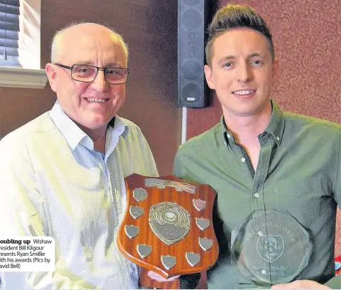  ??  ?? Doubling up Wishaw president Bill Kilgour presents Ryan Smillie with his awards (Pics by David Bell)