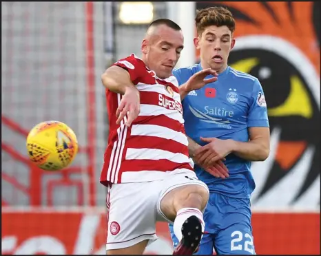  ??  ?? Hamilton’s Darian Mackinnon won the battle of the midfield against Ryan Christie and his Aberdeen team-mates