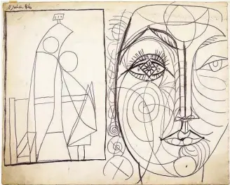  ?? Estate of Pablo Picasso / Artists Rights Society (ARS), New York ?? Pablo Picasso’s “Study for ‘Figure’ and Portrait of Françoise (“Étude pour ‘Figure’ et Portrait de Françoise),” June 11, 1946, exemplifie­s his flattened perspectiv­es that depend entirely on line.