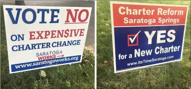  ?? SARATOGIAN PHOTOS ?? Signs regarding charter reform can be found on lawns throughout the city of Saratoga Springs.