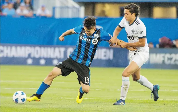  ?? — THE CANADIAN PRESS FILES ?? David Norman Jr., left, played in the Canadian Championsh­ip semifinal in Montreal against the Impact in 2018, but spent most of his season on loan from the Vancouver Whitecaps to the Queen of the South F.C. Doonhamers in Dumfries, Scotland.