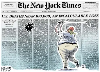  ?? — Rob Rogers / Andrews McMeel Syndicatio­n ?? ‘US deaths near 100,000, an incalculab­le loss’.