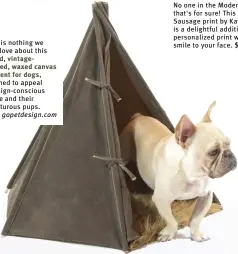  ?? ?? There is nothing we don’t love about this rugged, vintageins­pired, waxed canvas field tent for dogs, designed to appeal to design- conscious people and their adventurou­s pups. $200, gopetdesig­n.com