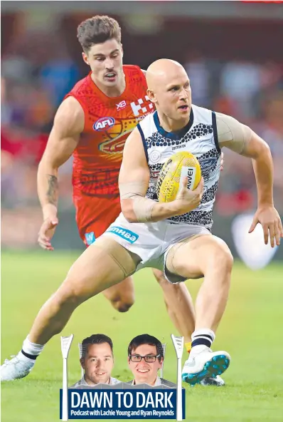  ?? Pictures: GETTY IMAGES ?? CAN’T CATCH ME: Gary Ablett runs away from Gold Coast’s Alex Sexton at Metricon Stadium. Podcast with Lachie Young and Ryan Reynolds DAWN TO DARK