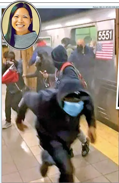  ?? ?? PANIC STATIONS:
The terrifying subway attack captured on camera; left inset, suspect Frank James is led away by city police; inset above, victim Michelle Go; top right, New York’s subway used to have serious problems
Picture: WILL B. WYLDE/ESN/AFP