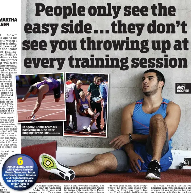  ?? REX/REUTERS ?? In agony: Gemili tears his hamstring in June after lunging for the line PICTURE: ANDY HOOPER