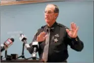  ?? THE NEWS-HERALD FILE ?? Lake County Sheriff Daniel Dunlap answers questions from various media outlets during an April 6, 2017, news conference.