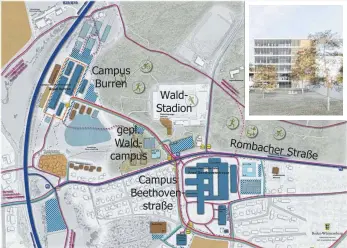  ?? QUELLE GRAFIKEN: VERMÖGEN UND BAU AMT SCHWÄBISCH GMÜND ?? Der Masterplan Hochschule mit einer Visualisie­rung eines Teils der geplanten Bebauung des Waldcampus (kleines Bild).