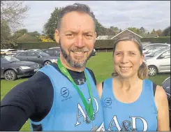  ??  ?? Ashford & District RRC’s Cris Francis with Alison Waters celebratin­g an impressive personal best run