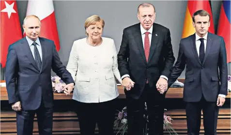  ?? ?? Angela Merkel with Russian President Vladimir Putin, Turkish President Recep Tayyip Erdoğan and French President Emmanuel Macron at the Syria summit in Istanbul at the weekend