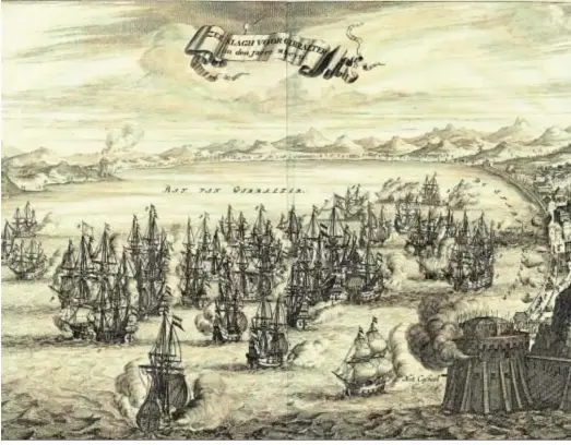  ??  ?? Grabado del ataque de la flota holandesa a la española refugiada bajo la muralla litoral de Gibraltar en 1607, por John Murray.