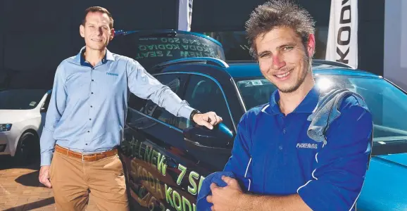  ?? Picture: SHAE BEPLATE ?? SUPPORTING BUSINESS: HR Manager for Pickerings Jaret Grant with car detailer Steven Quinn, a successful Pathway to Employment candidate.