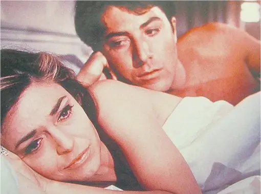  ??  ?? Anne Bancroft, left, as Mrs. Robinson, and Dustin Hoffman, as seduced college grad Benjamin Braddock, star in 1967’ s The Graduate.