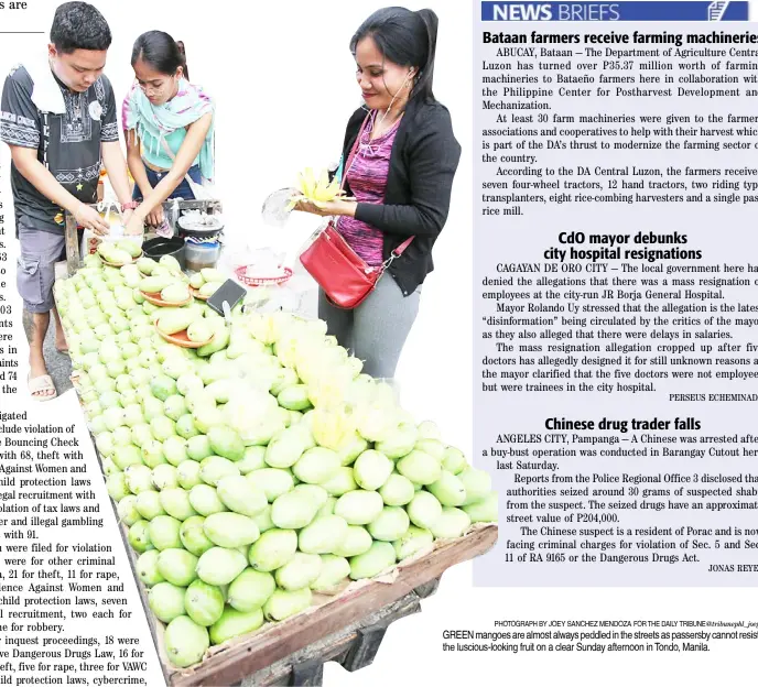  ?? PHOTOGRAPH BY JOEY SANCHEZ MENDOZA FOR THE DAILY TRIBUNE@tribunephl_joey ?? GREEN mangoes are almost always peddled in the streets as passersby cannot resist the luscious-looking fruit on a clear Sunday afternoon in Tondo, Manila.