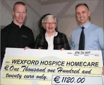  ??  ?? RIGHT: John Redmond, Maura Cowman of Wexford Hospice Homecare and Ger Whitty at the presentati­on of the cheque at the hotel.