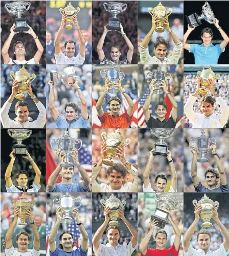  ??  ?? Roger Federer holds his 20 Grand Slam trophies from the 2003 Wimbledon, bottom right, to the 2018 Australian Open, top left.