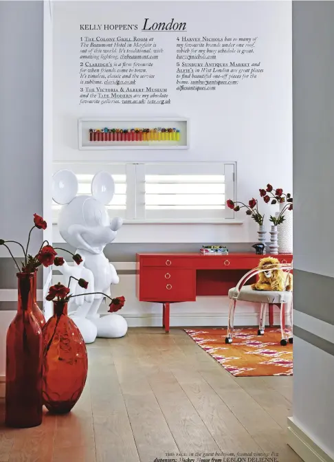  ??  ?? this page: in the guest bedroom, framed vintage Pez dispensers; Mickey Mouse from LEBLON DELIENNE. opposite page: in the main bedroom, lacquered dressing table; vintage velvet chairs; CHRISTIAN LIAIGRE floor lamp; photograph by HORST P HORST. Details...