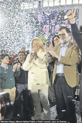 ??  ?? Mariano Rajoy, Alberto Núñez Feijóo y Pablo casado, ayer, en Orense.