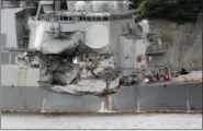  ?? THE ASSOCIATED PRESS ?? The damaged part of USS Fitzgerald is seen at the U.S. Naval base in Yokosuka, Japan, on Sunday.